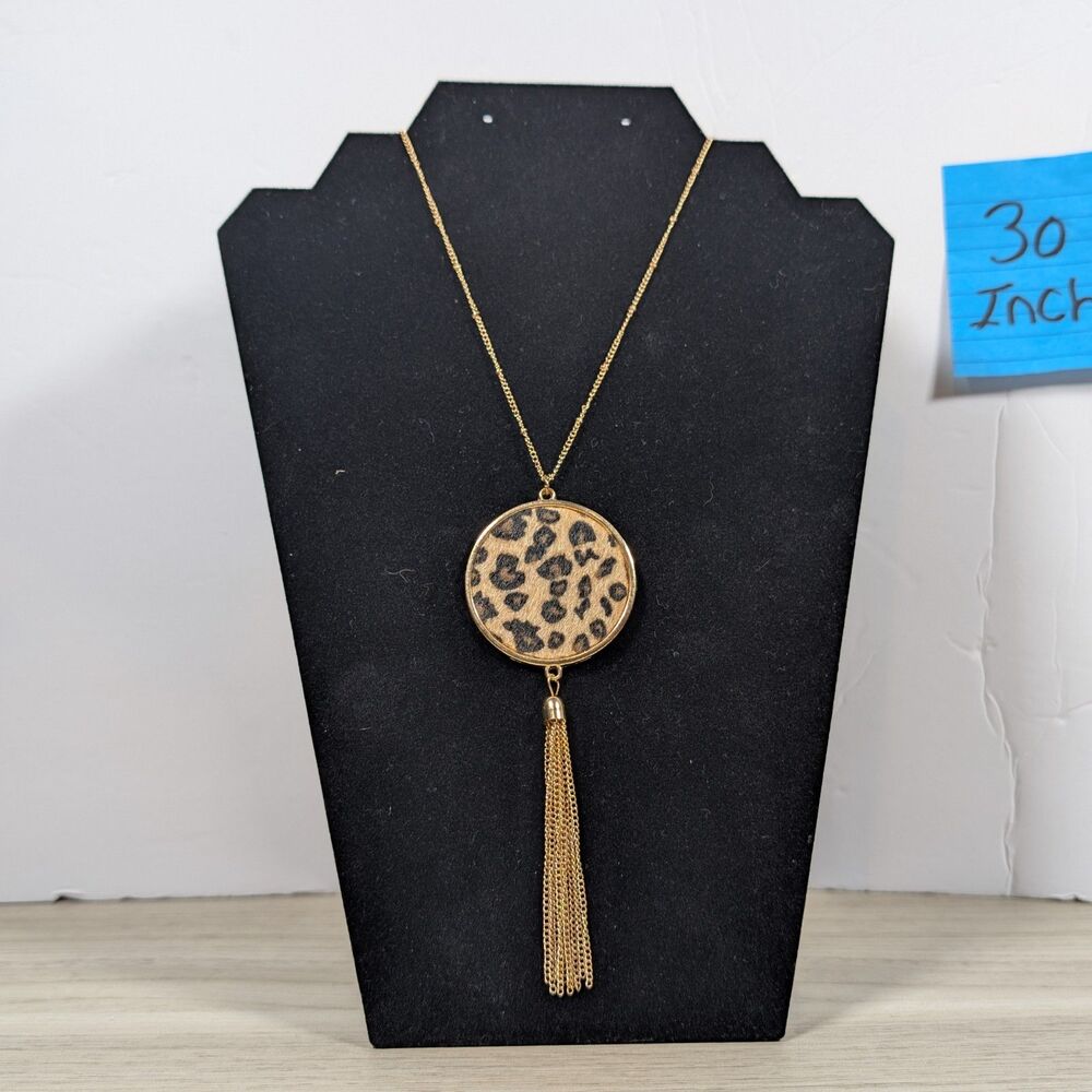 Leopard Print Pendant Necklace Tassel Gold Tone 30” Animal Print Boho